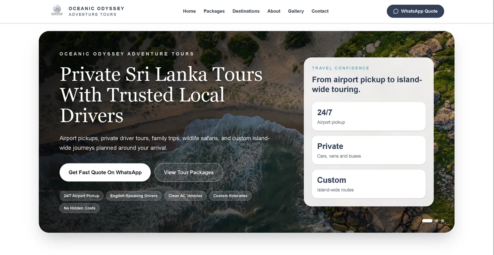 Oceanic Odyssey Adventure Tours website with a private Sri Lanka tours hero section